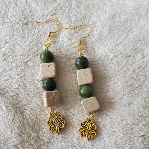 Shamrock Earrings - Green Beige and Gold | Mamabug ReCreations - Artisan Jewelry