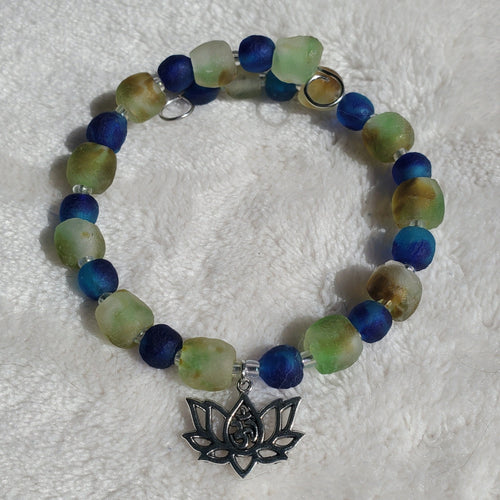 Silver Lotus and Yogi with "Earth" Glass Beads Bracelet (MW) | Mamabug ReCreations - Artisan Jewelry