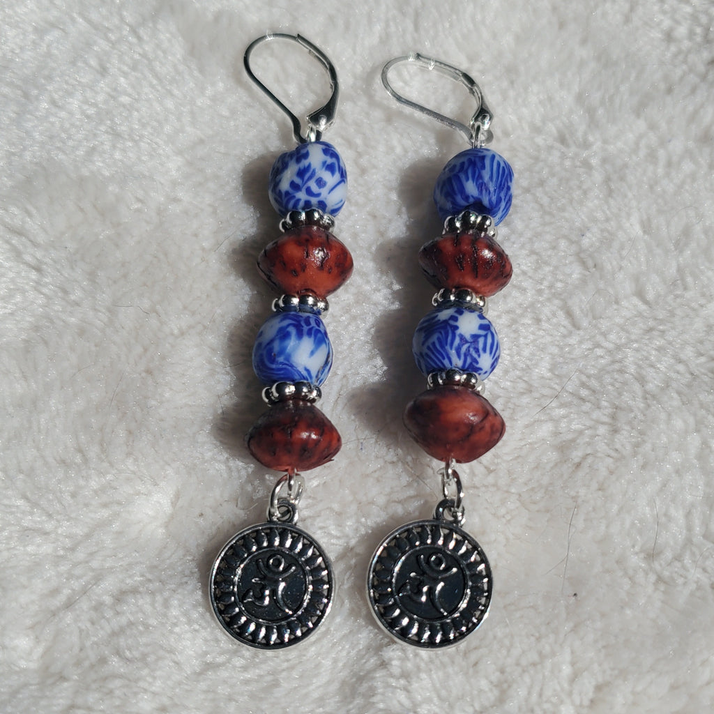 Blue and Red Silver Om Earrings