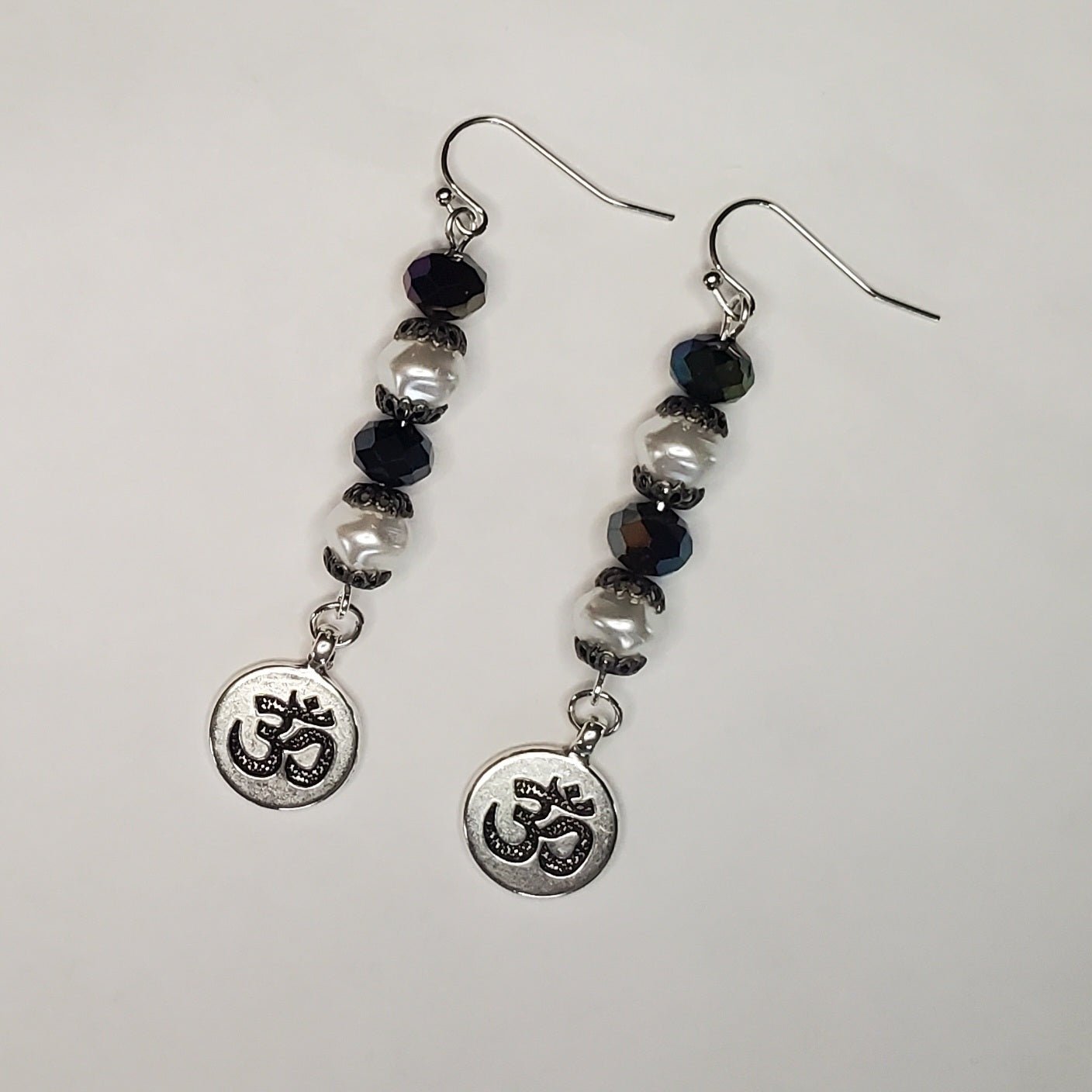 Silver Om Earrings with Crystals and Pearls | Mamabug ReCreations - Artisan Jewelry