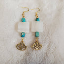 White Jade Earrings with Gold Lotus Charms | Mamabug ReCreations - Artisan Jewelry
