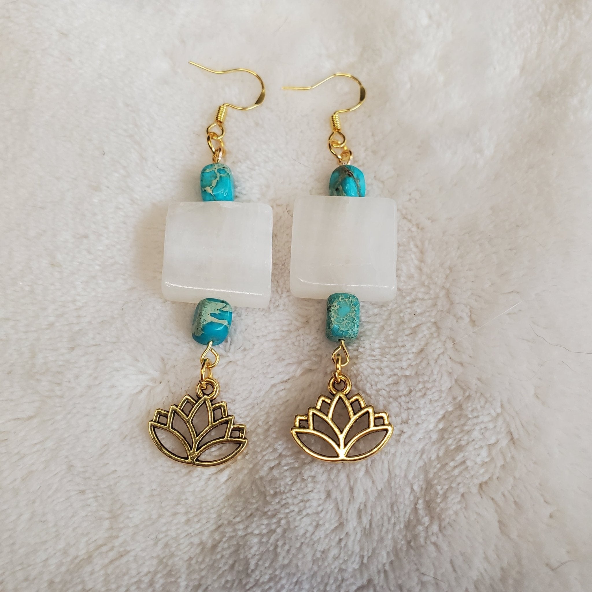 White Jade Earrings with Gold Lotus Charms | Mamabug ReCreations - Artisan Jewelry