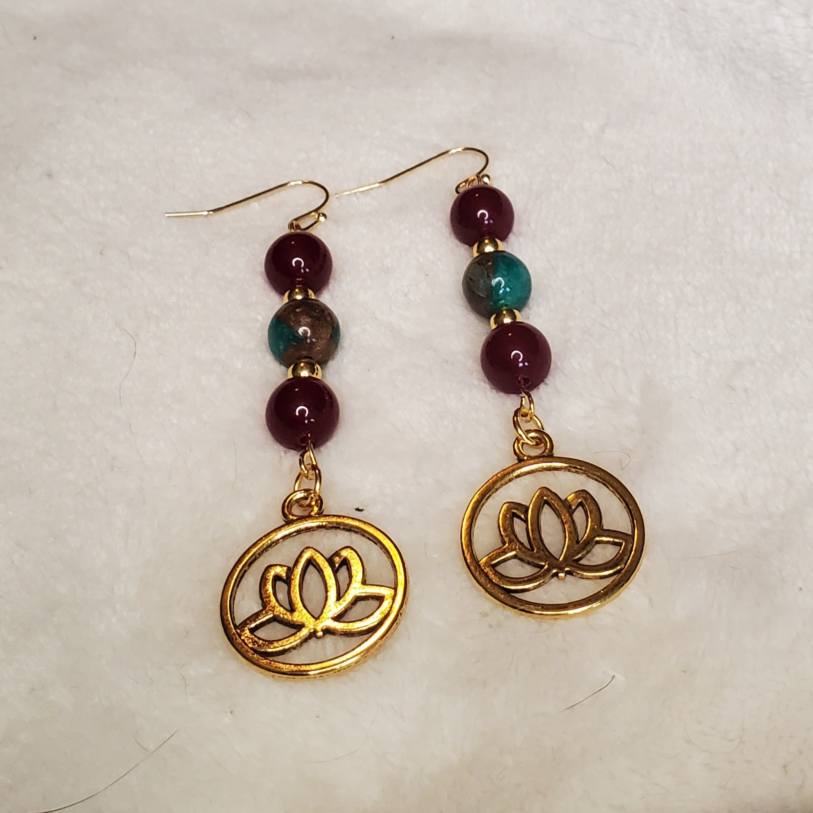 Gold Lotus Earrings with Red Jade | Mamabug ReCreations - Artisan Jewelry