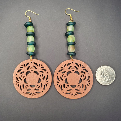 Brown Wooden Coin and Recycled Glass Earrings | Mamabug ReCreations - Artisan Jewelry
