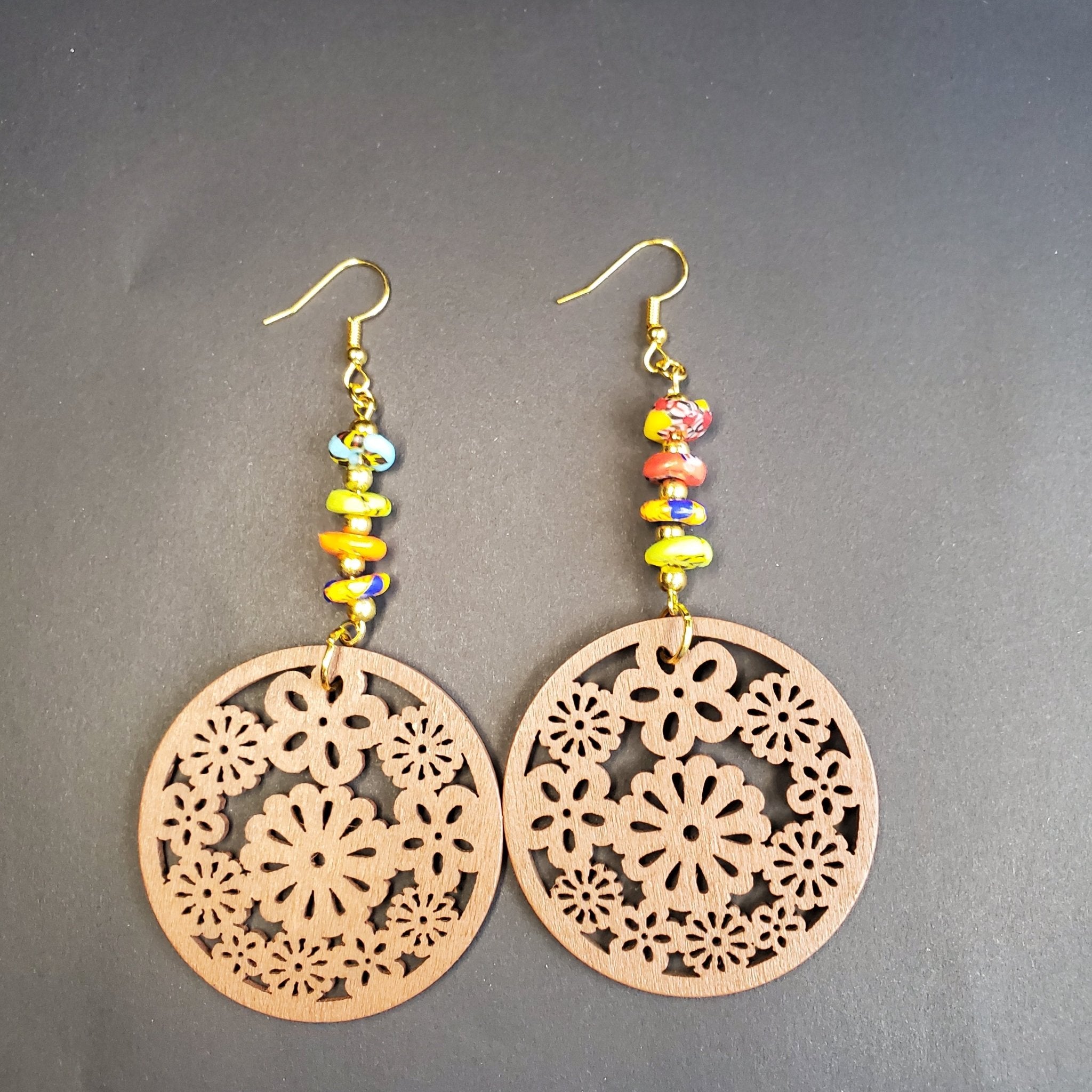 Floral Sandy Wooden Coin and Kamasi Bead Earrings | Mamabug ReCreations - Artisan Jewelry