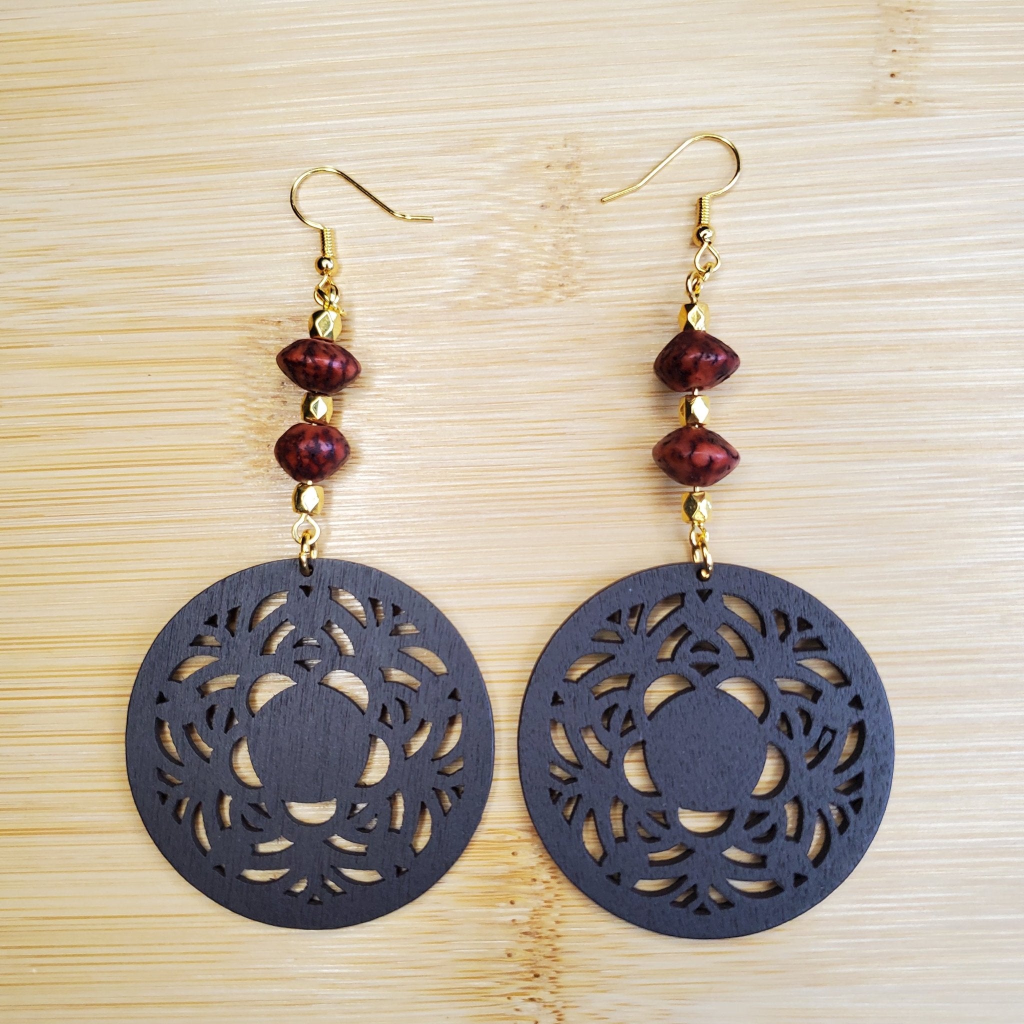 Dark Wood Coin and Recycled Bead Earrings | Mamabug ReCreations - Artisan Jewelry