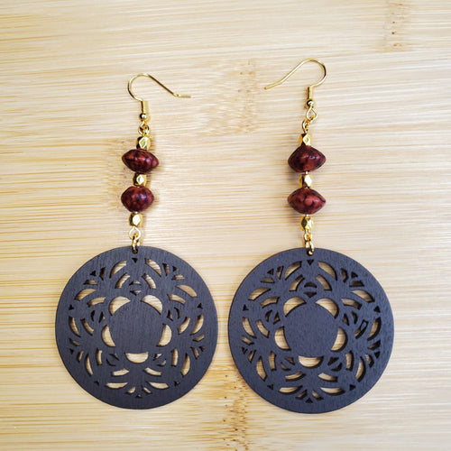 Dark Wood Coin and Recycled Bead Earrings | Mamabug ReCreations - Artisan Jewelry
