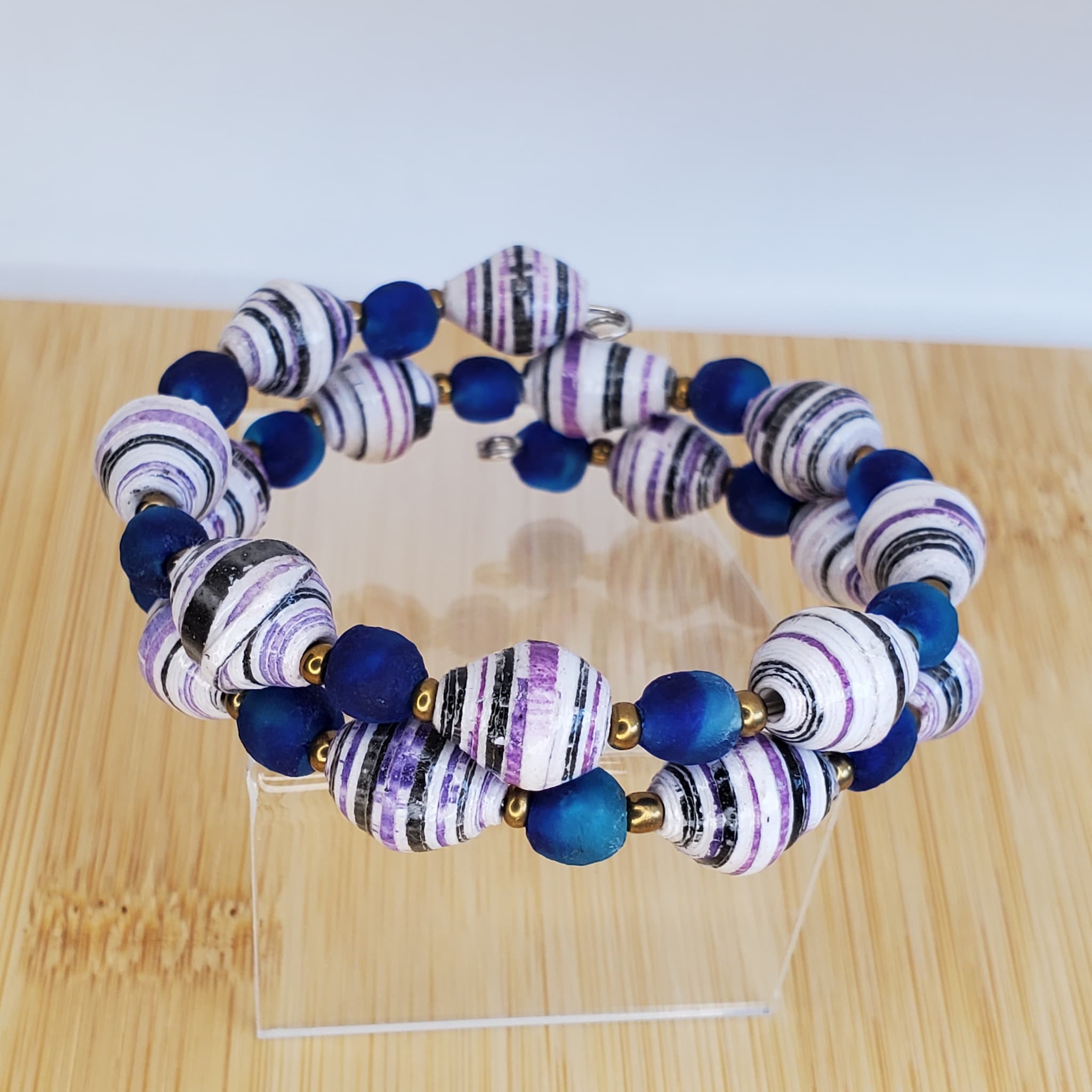 Royal Blue and White/Purple Recycled Bead Bracelet (MW) | Mamabug ReCreations - Artisan Jewelry