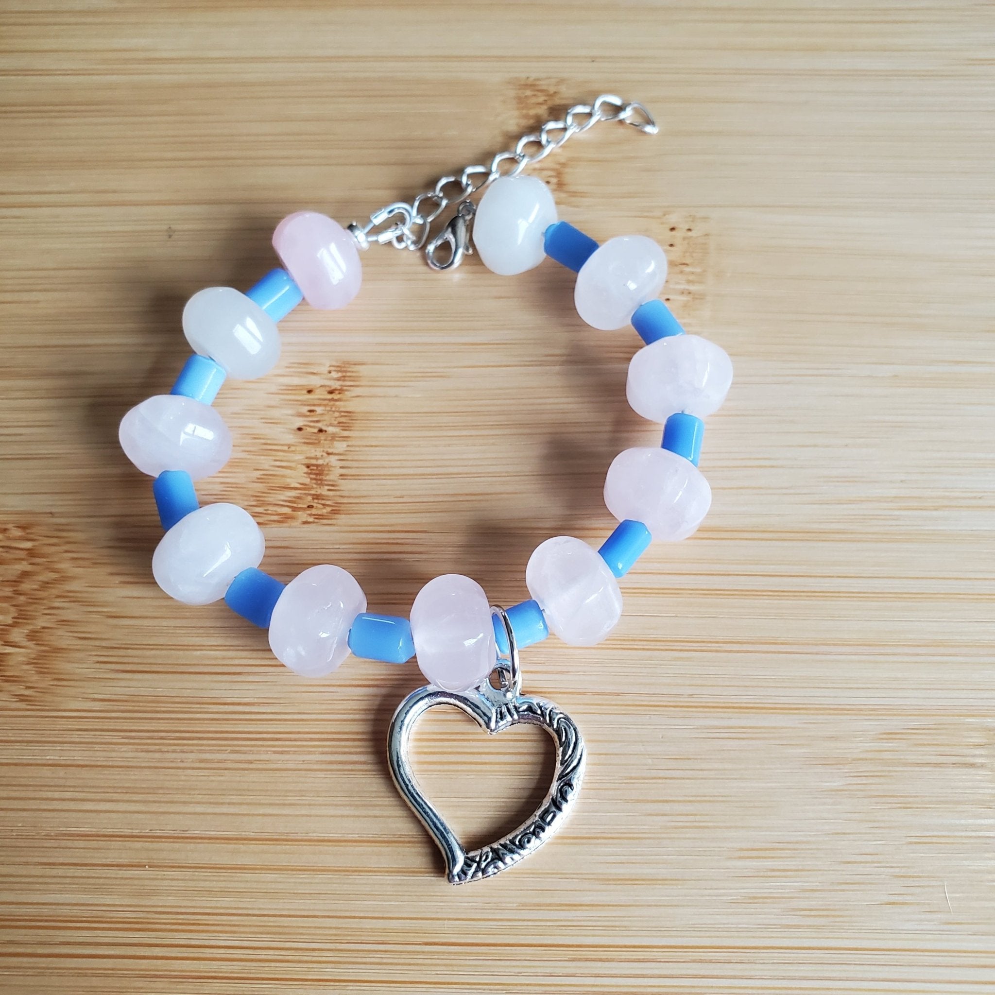 Open Heart Bracelet with Blush Pink and Baby Blue (W) | Mamabug ReCreations - Artisan Jewelry