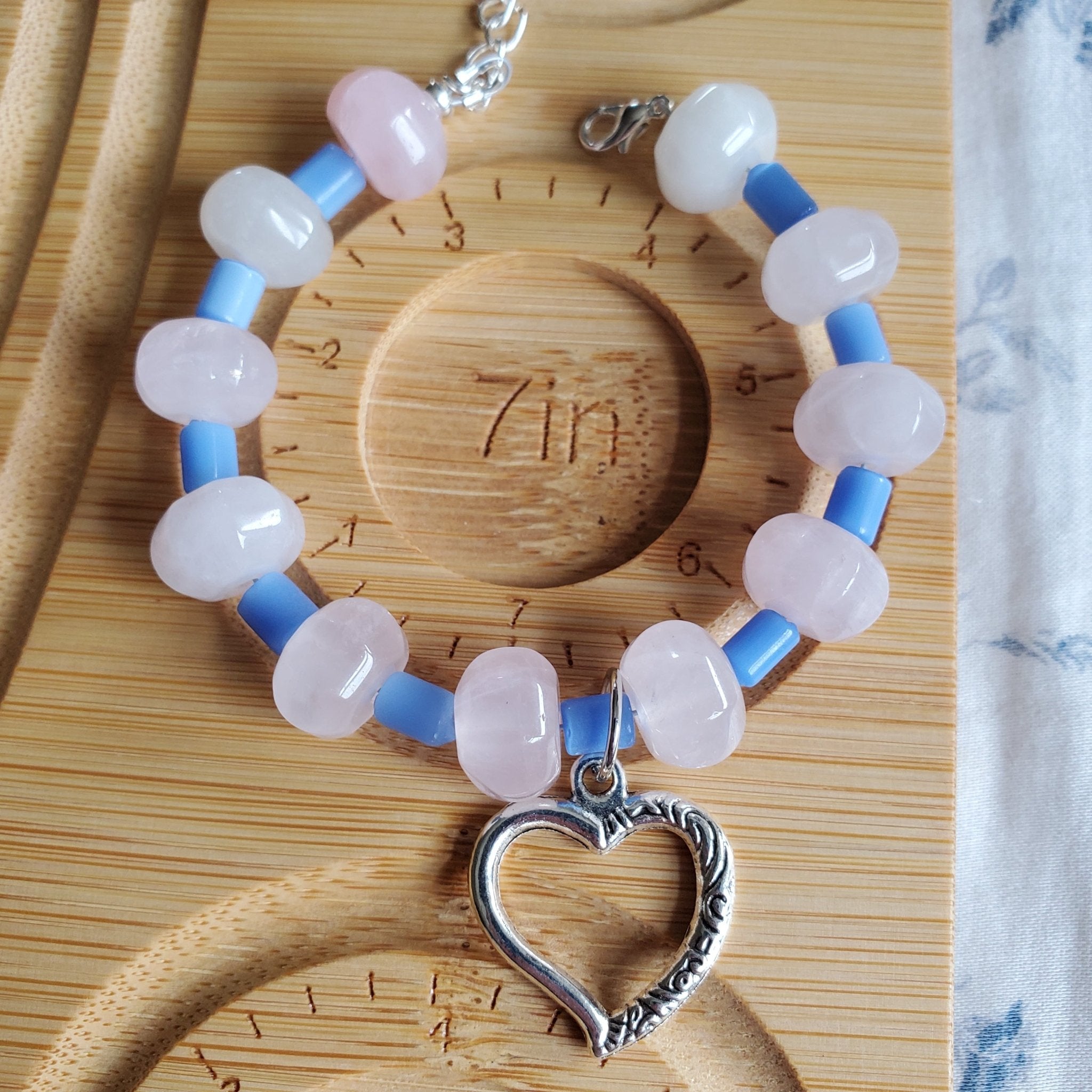 Open Heart Bracelet with Blush Pink and Baby Blue (W) | Mamabug ReCreations - Artisan Jewelry
