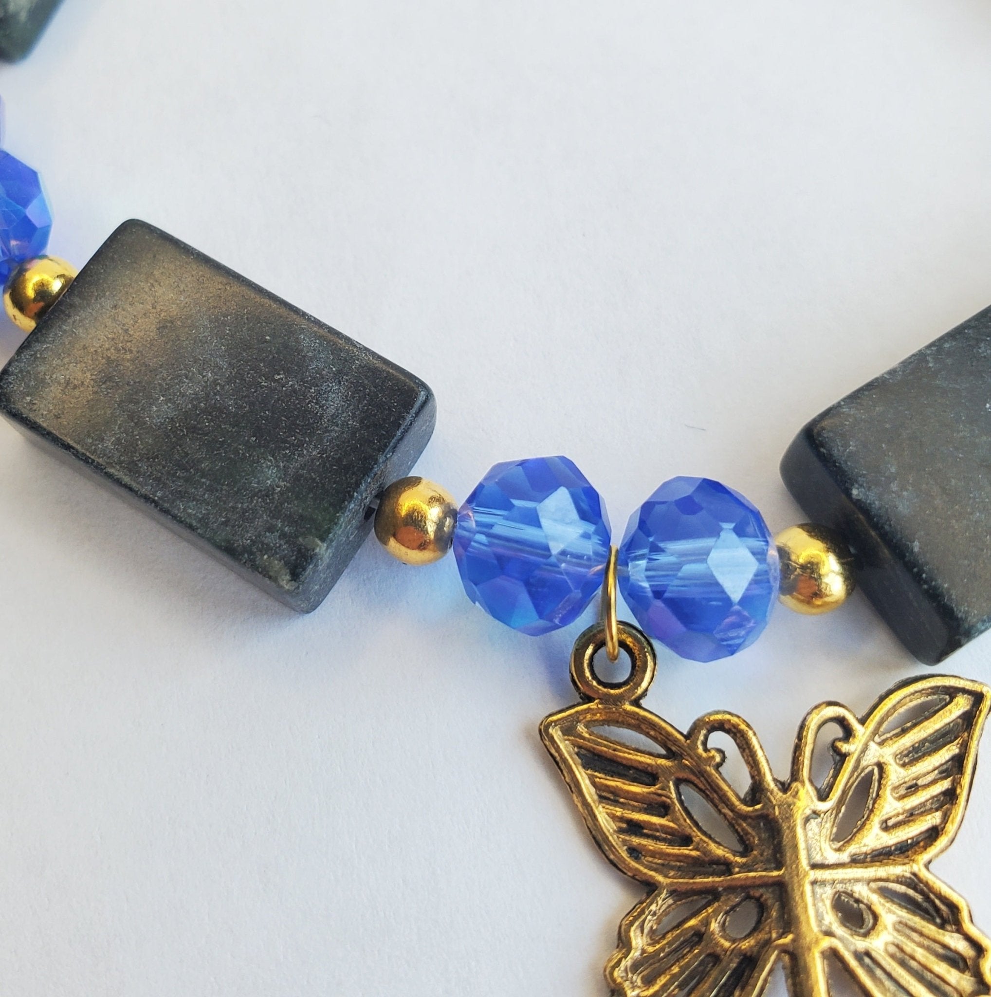 Golden Butterfly in Rich Blue and Deep Green Bracelet (W) | Mamabug ReCreations - Artisan Jewelry