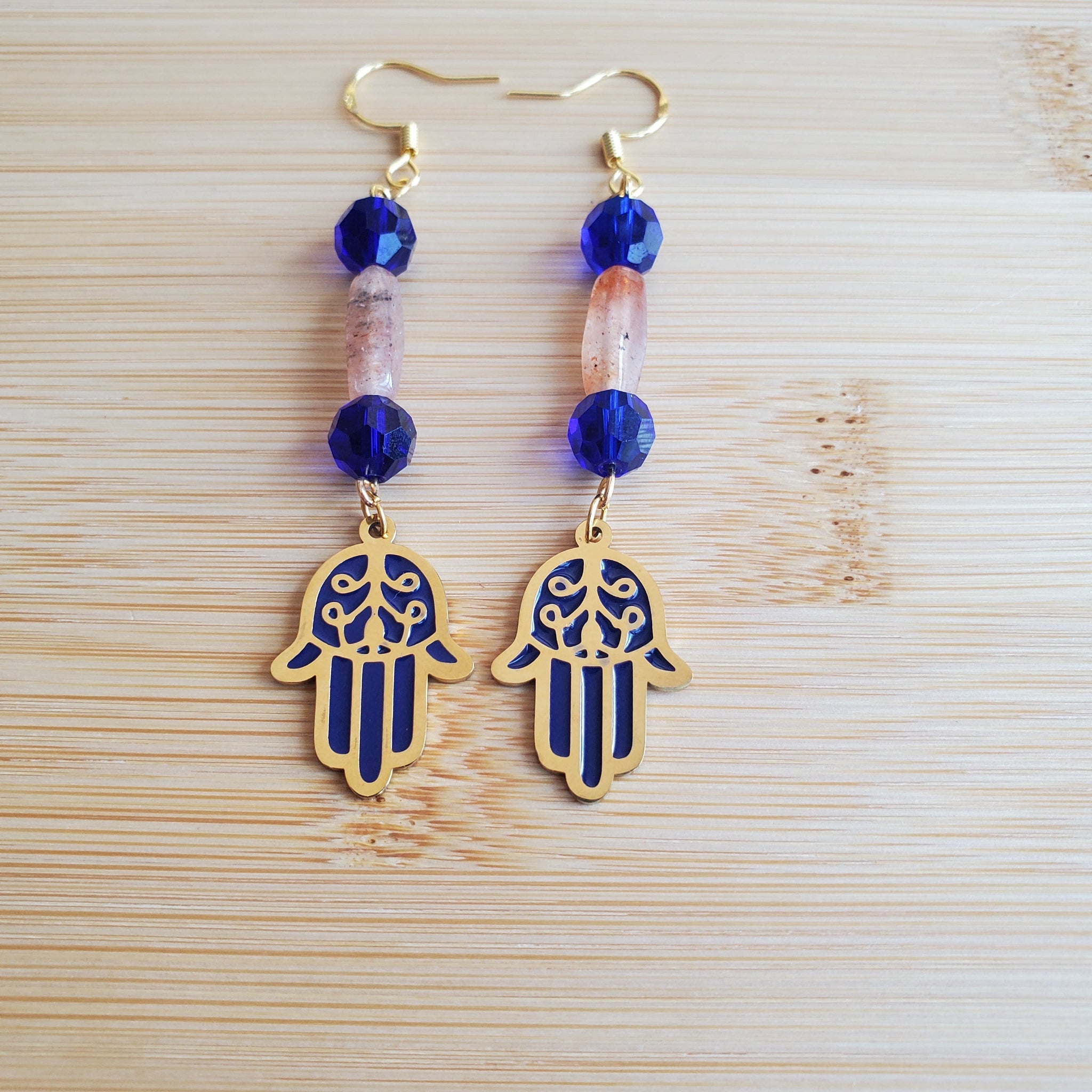 Blue Hamsa — Hand of Fatima with Gold Earrings | Mamabug ReCreations - Artisan Jewelry