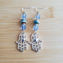 Silver Hamsa (Hand of Fatima) with Light Blue Crystal Earrings | Mamabug ReCreations - Artisan Jewelry