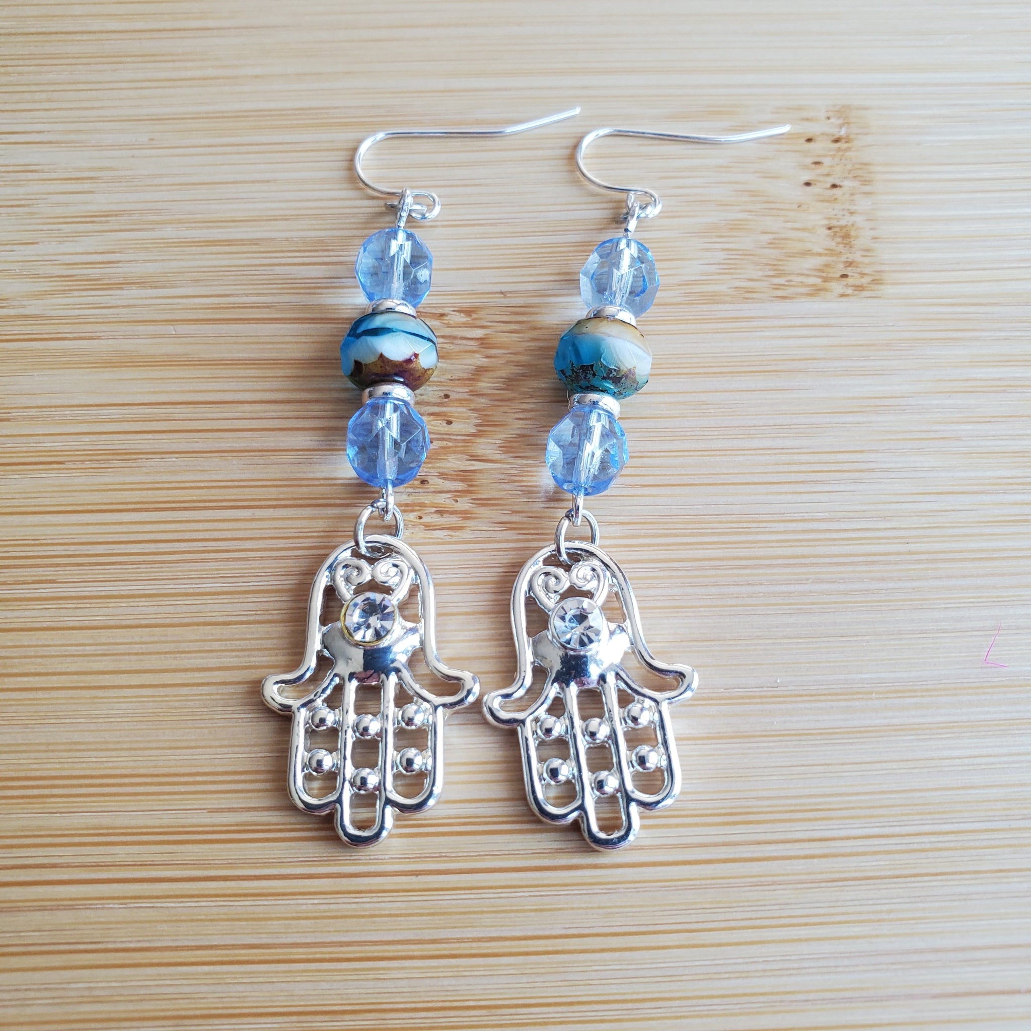 Silver Hamsa (Hand of Fatima) with Light Blue Crystal Earrings | Mamabug ReCreations - Artisan Jewelry
