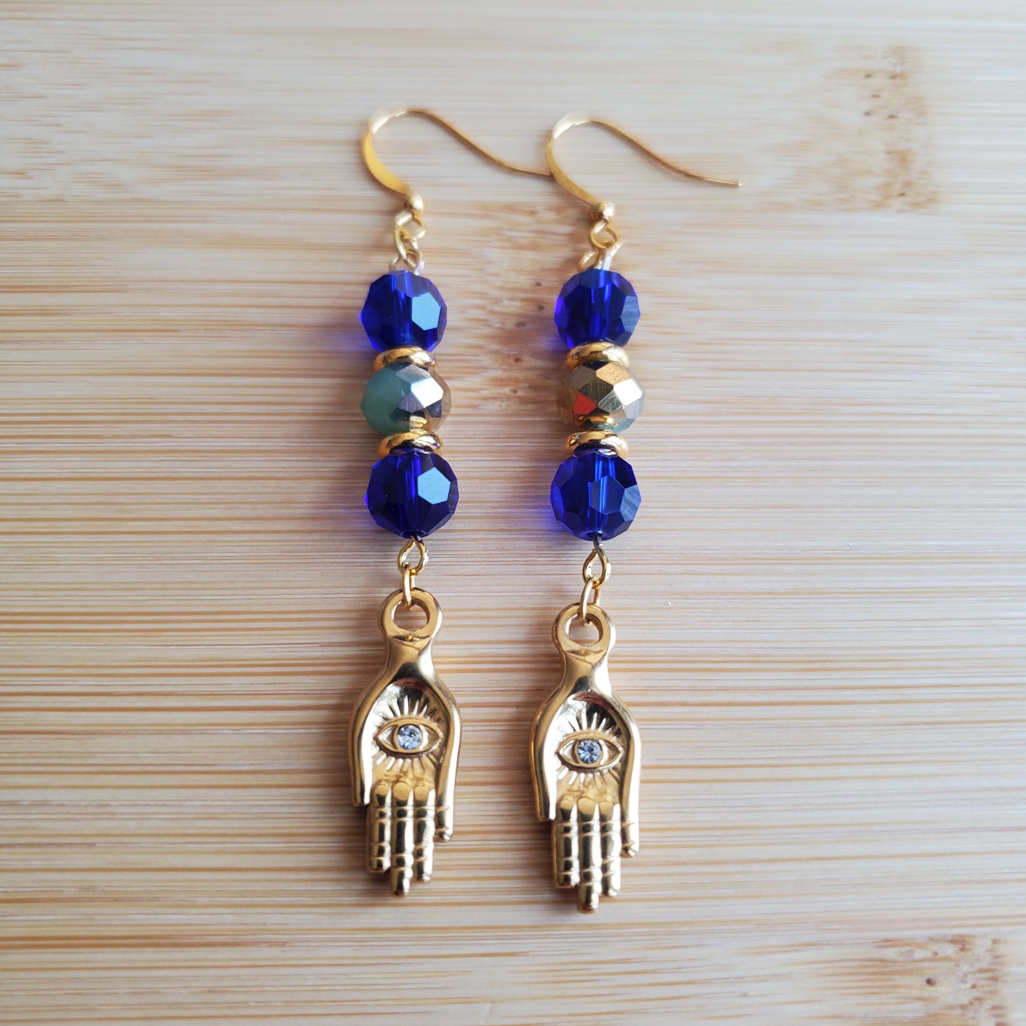 Gold Hamsa (Hand of Fatima) with Crystals Earrings | Mamabug ReCreations - Artisan Jewelry