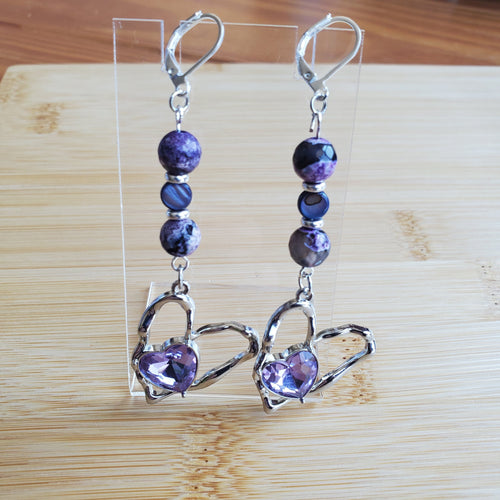 Silver Hammered Heart with Purple Crystal Heart Earrings | Mamabug ReCreations - Artisan Jewelry