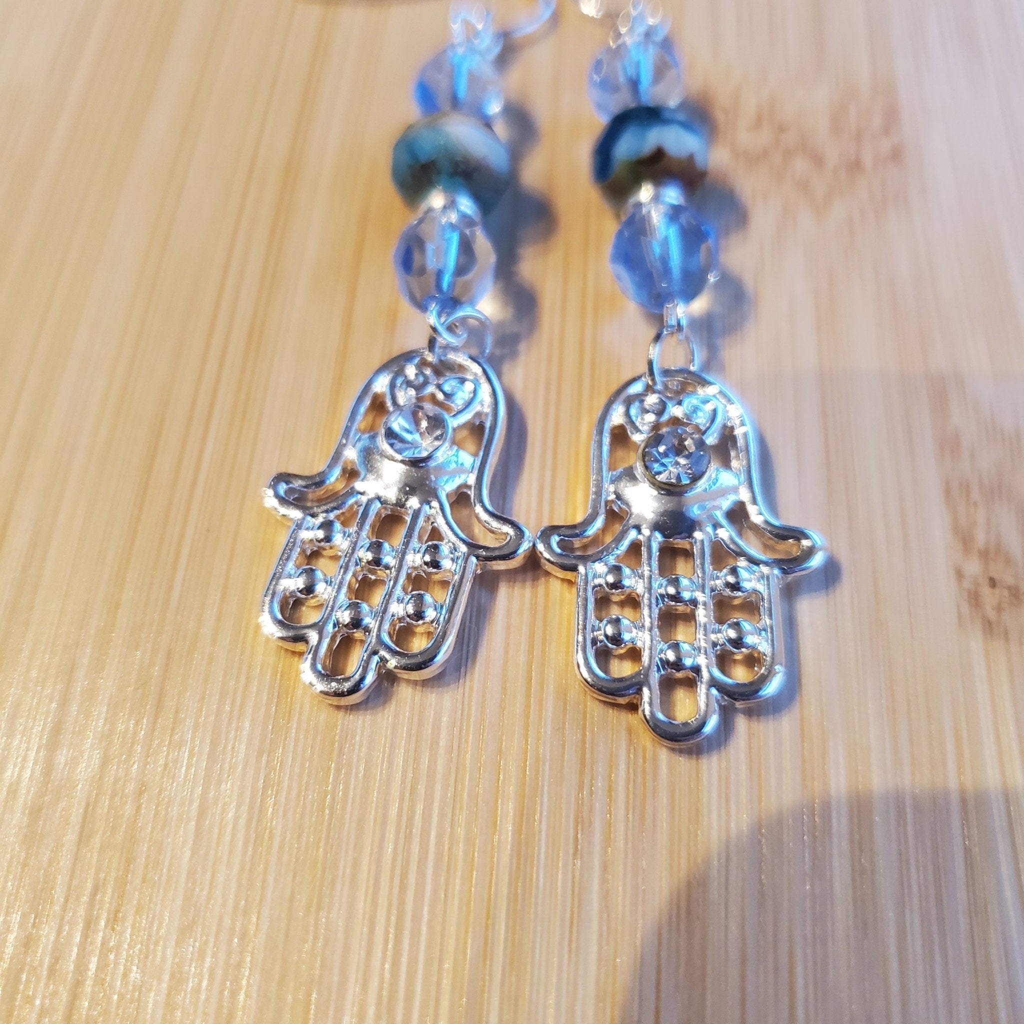 Silver Hamsa (Hand of Fatima) with Light Blue Crystal Earrings | Mamabug ReCreations - Artisan Jewelry