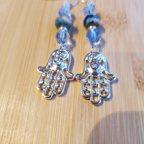 Silver Hamsa (Hand of Fatima) with Light Blue Crystal Earrings | Mamabug ReCreations - Artisan Jewelry