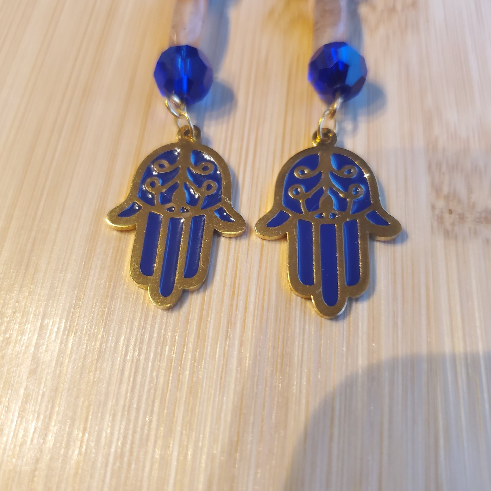 Blue Hamsa — Hand of Fatima with Gold Earrings | Mamabug ReCreations - Artisan Jewelry