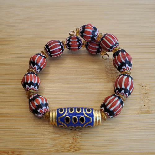 African Chevron Recycled Glass with Blue Barrel Bracelet (MW) | Mamabug ReCreations - Artisan Jewelry