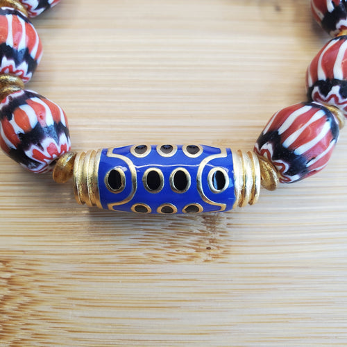 African Chevron Recycled Glass with Blue Barrel Bracelet (MW) | Mamabug ReCreations - Artisan Jewelry