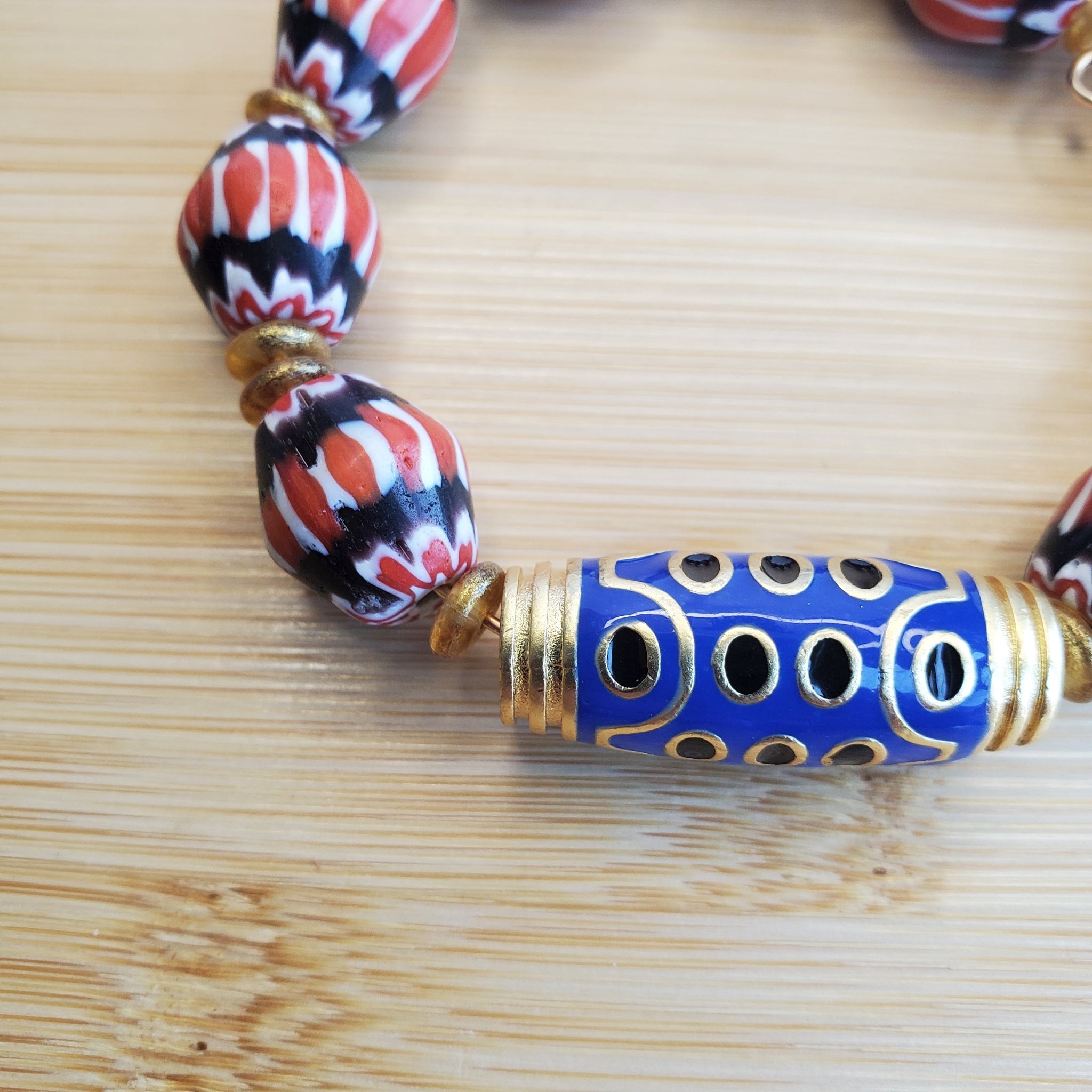 African Chevron Recycled Glass with Blue Barrel Bracelet (MW) | Mamabug ReCreations - Artisan Jewelry