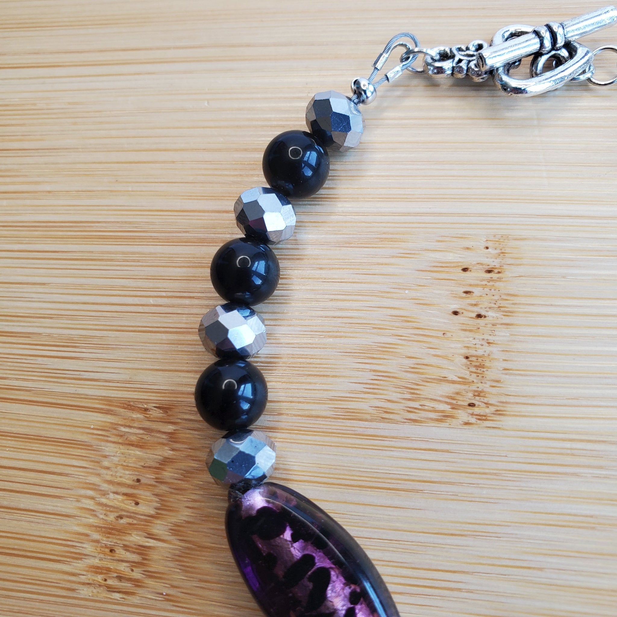 Amethyst Glass with Platinum and Obsidian Beads Bracelet (W) | Mamabug ReCreations - Artisan Jewelry