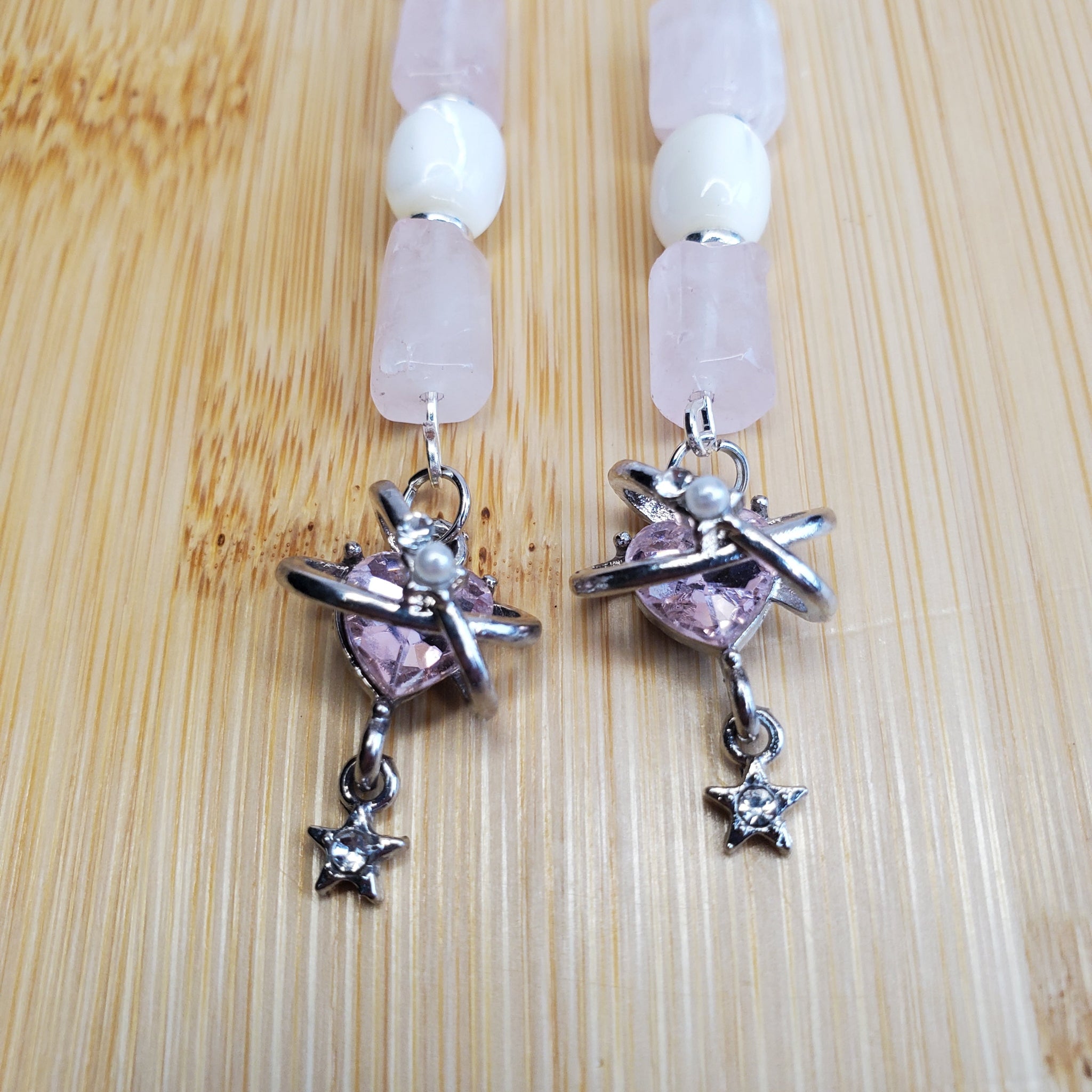 Saturn Heart Earrings - Rose Quartz & Pearly Cat's Eye | Mamabug ReCreations - Artisan Jewelry