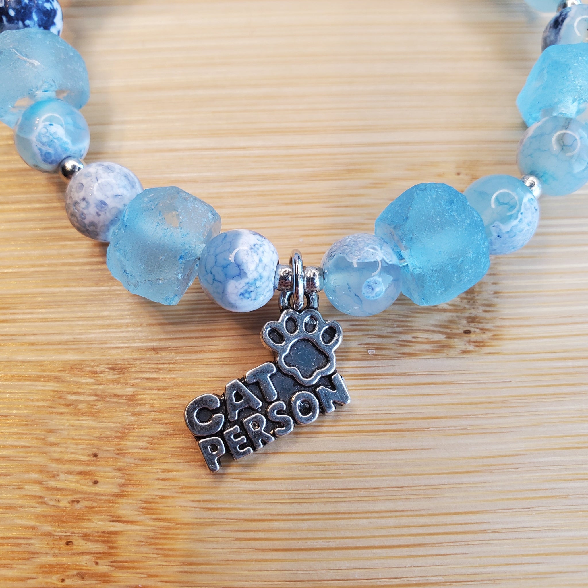 Cat Person Bracelet - Sky Blue Jasper & Recycled Sea Glass (MW) | Mamabug ReCreations