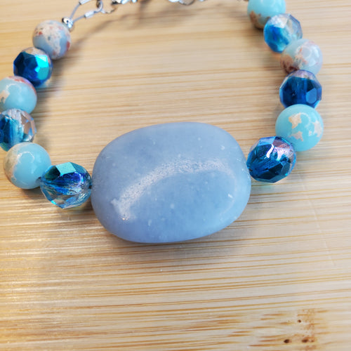 Angelite Focal Bracelet - Sky Blue Jasper & Czech Fire Polished Glass (W) | Mamabug ReCreations