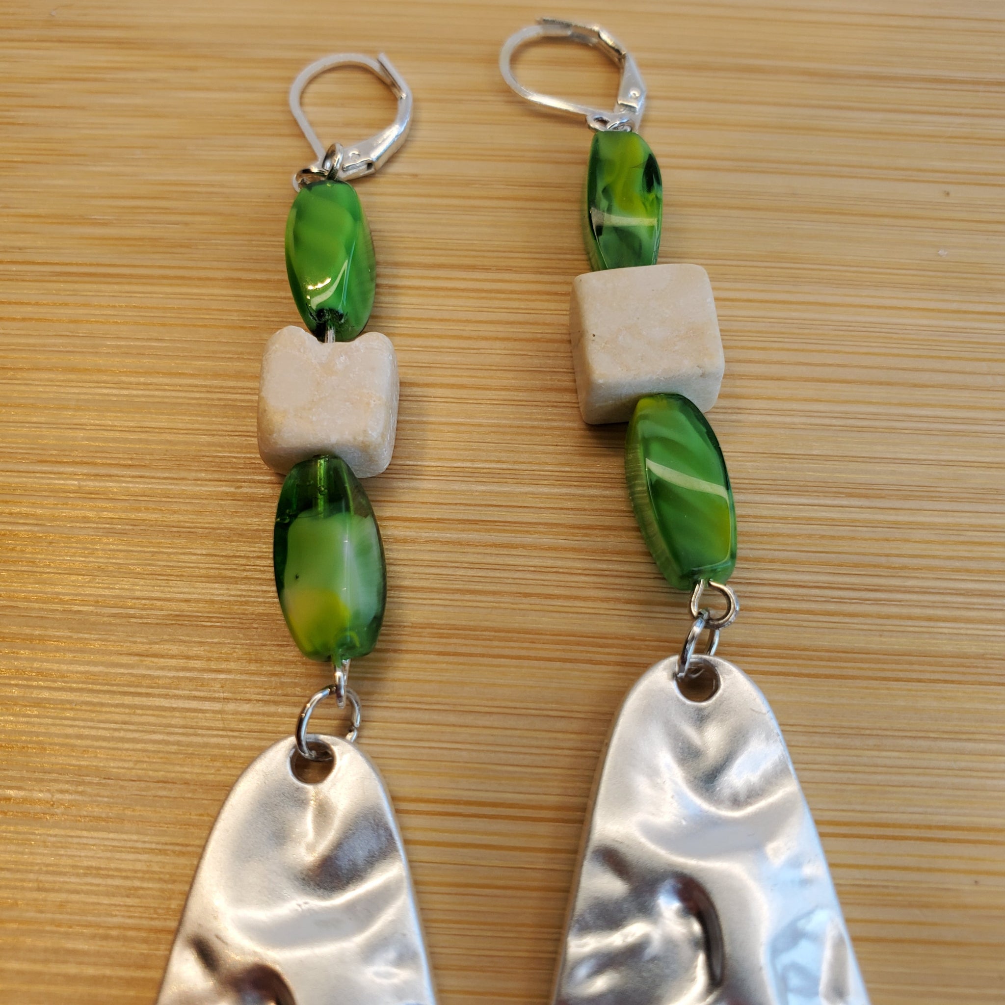 Marble Dangle Earrings - Green Glass & Riverstone | Mamabug ReCreations - Artisan Jewelry
