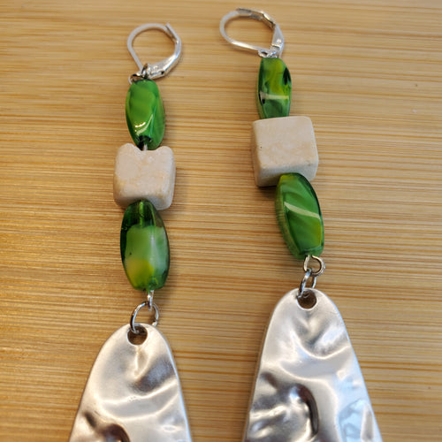 Marble Dangle Earrings - Green Glass & Riverstone | Mamabug ReCreations - Artisan Jewelry