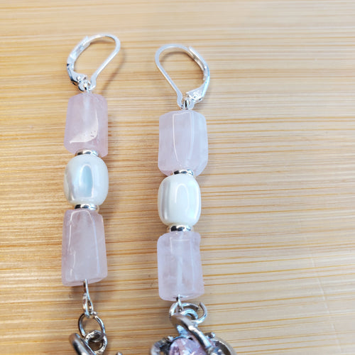 Saturn Heart Earrings - Rose Quartz & Pearly Cat's Eye | Mamabug ReCreations - Artisan Jewelry