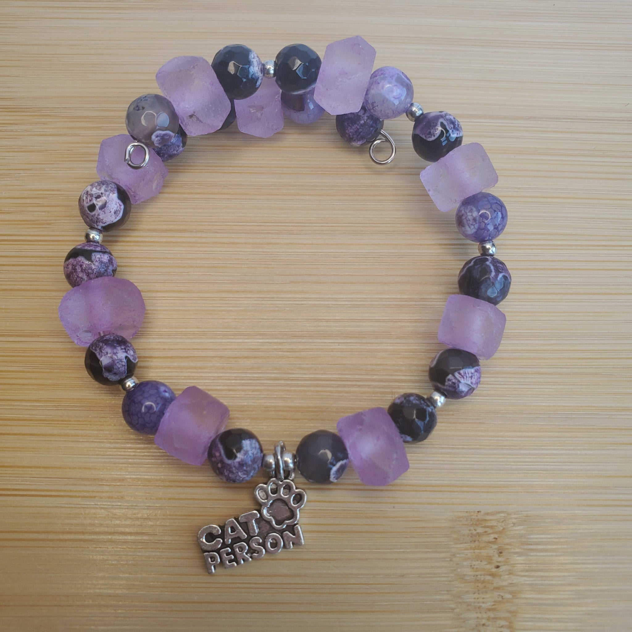 Cat Person Bracelet - Crackle Agate & Candied Purple Sea Glass (MW) | Mamabug ReCreations