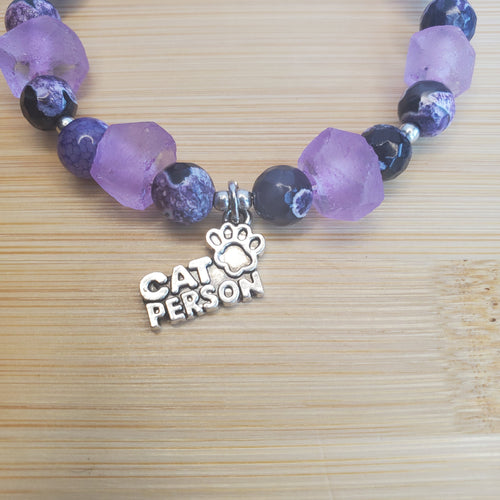 Cat Person Bracelet - Crackle Agate & Candied Purple Sea Glass (MW) | Mamabug ReCreations