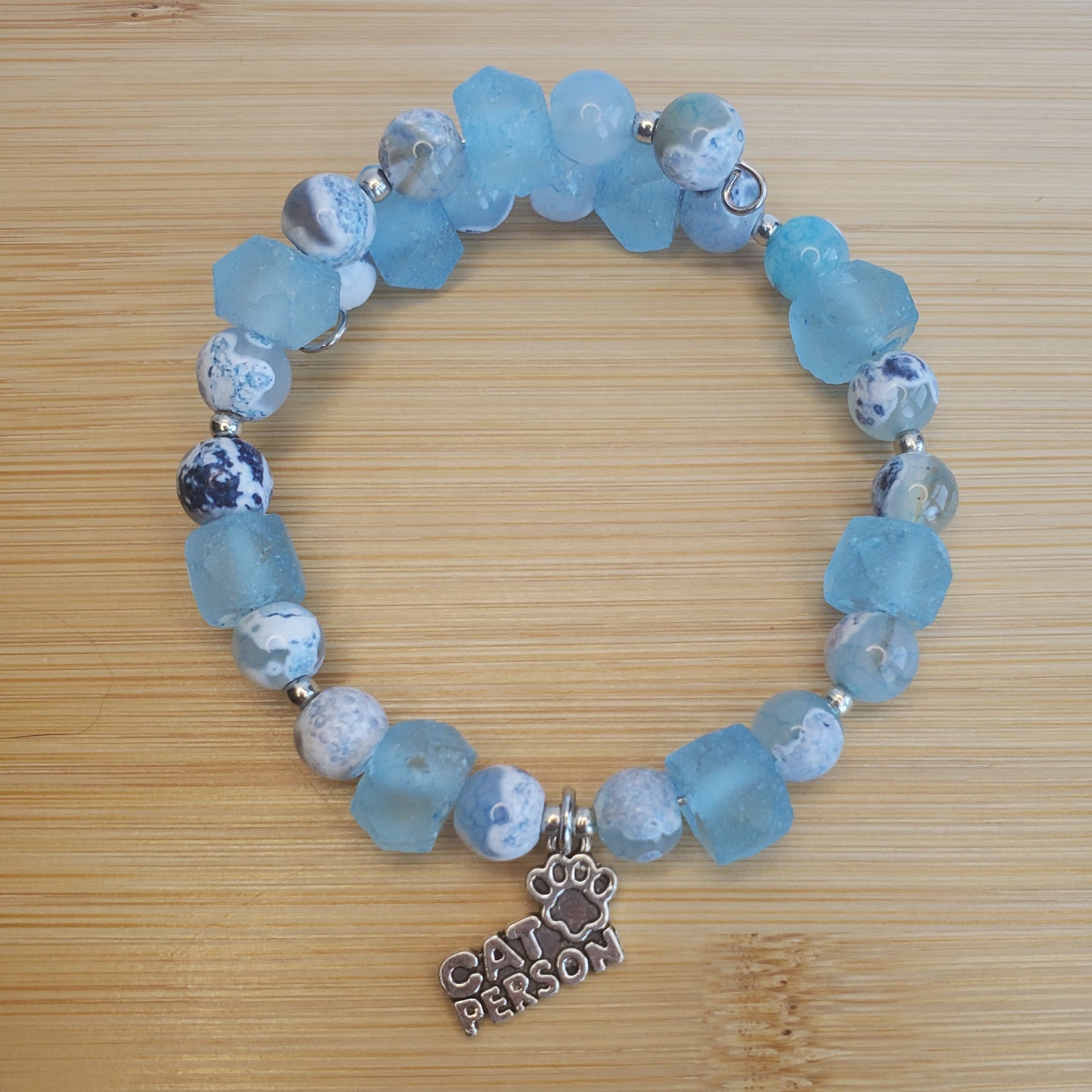 Cat Person Bracelet - Sky Blue Jasper & Recycled Sea Glass (MW) | Mamabug ReCreations