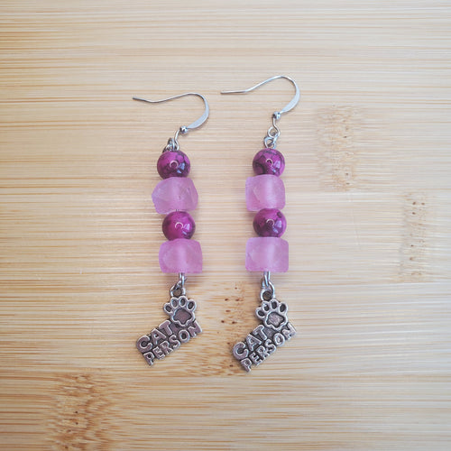 Cat Person Earrings - Tulip Pink Sea Glass & Fuchsia Glass | Mamabug ReCreations
