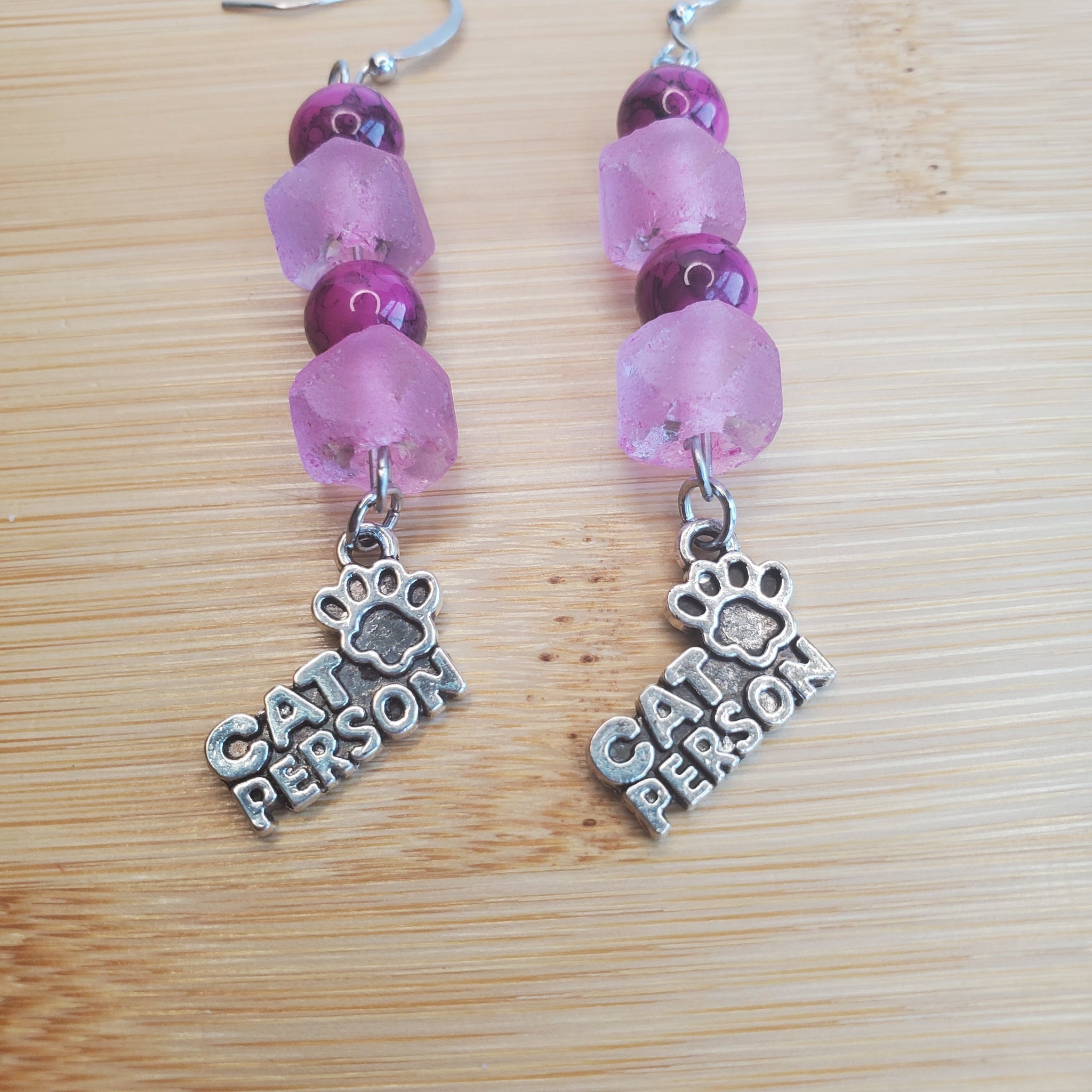 Cat Person Earrings - Tulip Pink Sea Glass & Fuchsia Glass | Mamabug ReCreations