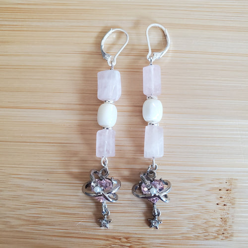 Saturn Heart Earrings - Rose Quartz & Pearly Cat's Eye | Mamabug ReCreations - Artisan Jewelry