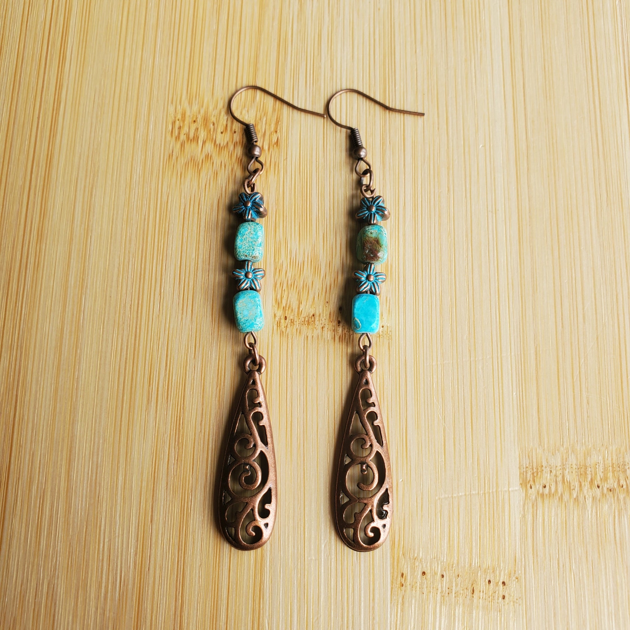 Turquoise & Antique Copper Filigree Earrings | Mamabug ReCreations - Artisan Jewelry