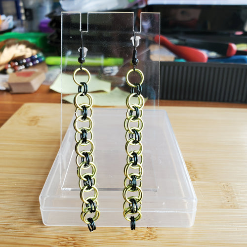 Electric Lime & Black Helm Chainmaille Earrings | Mamabug ReCreations - Artisan Jewelry
