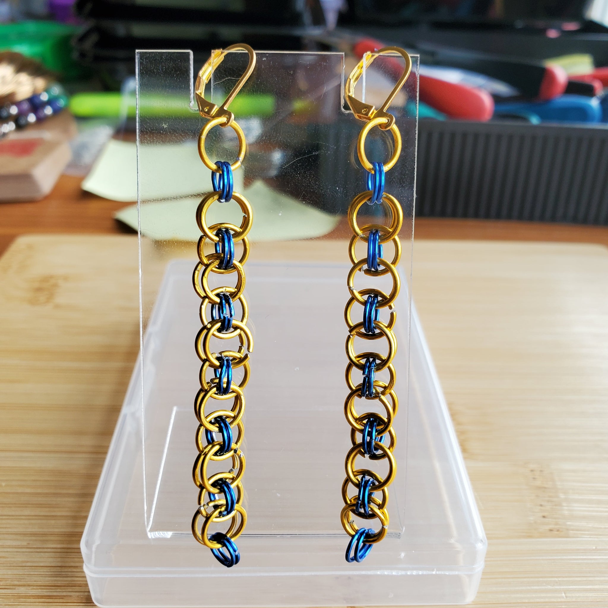 Gold & Blue Helm Chainmaille Earrings | Mamabug ReCreations - Artisan Jewelry