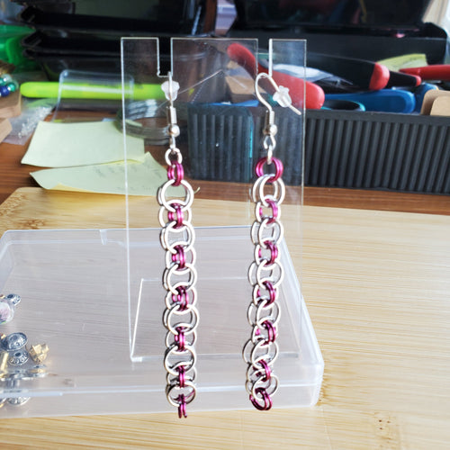 Fuchsia & Silver Helm Chainmaille Earrings | Mamabug ReCreations - Artisan Jewelry