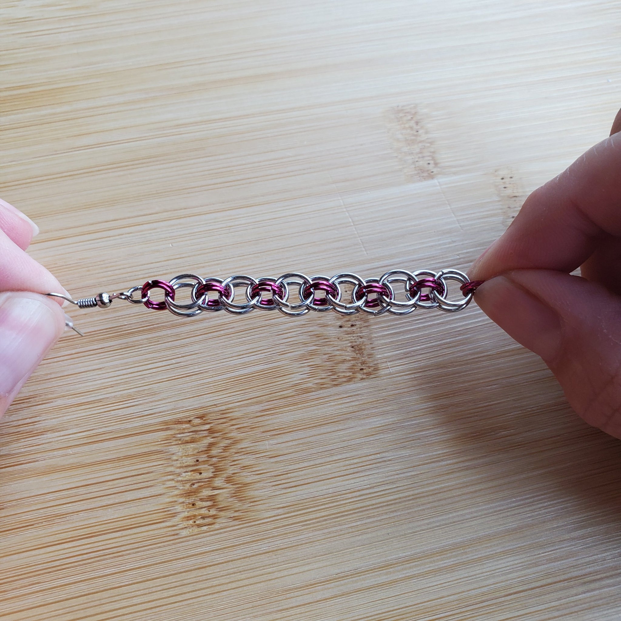 Fuchsia & Silver Helm Chainmaille Earrings | Mamabug ReCreations - Artisan Jewelry
