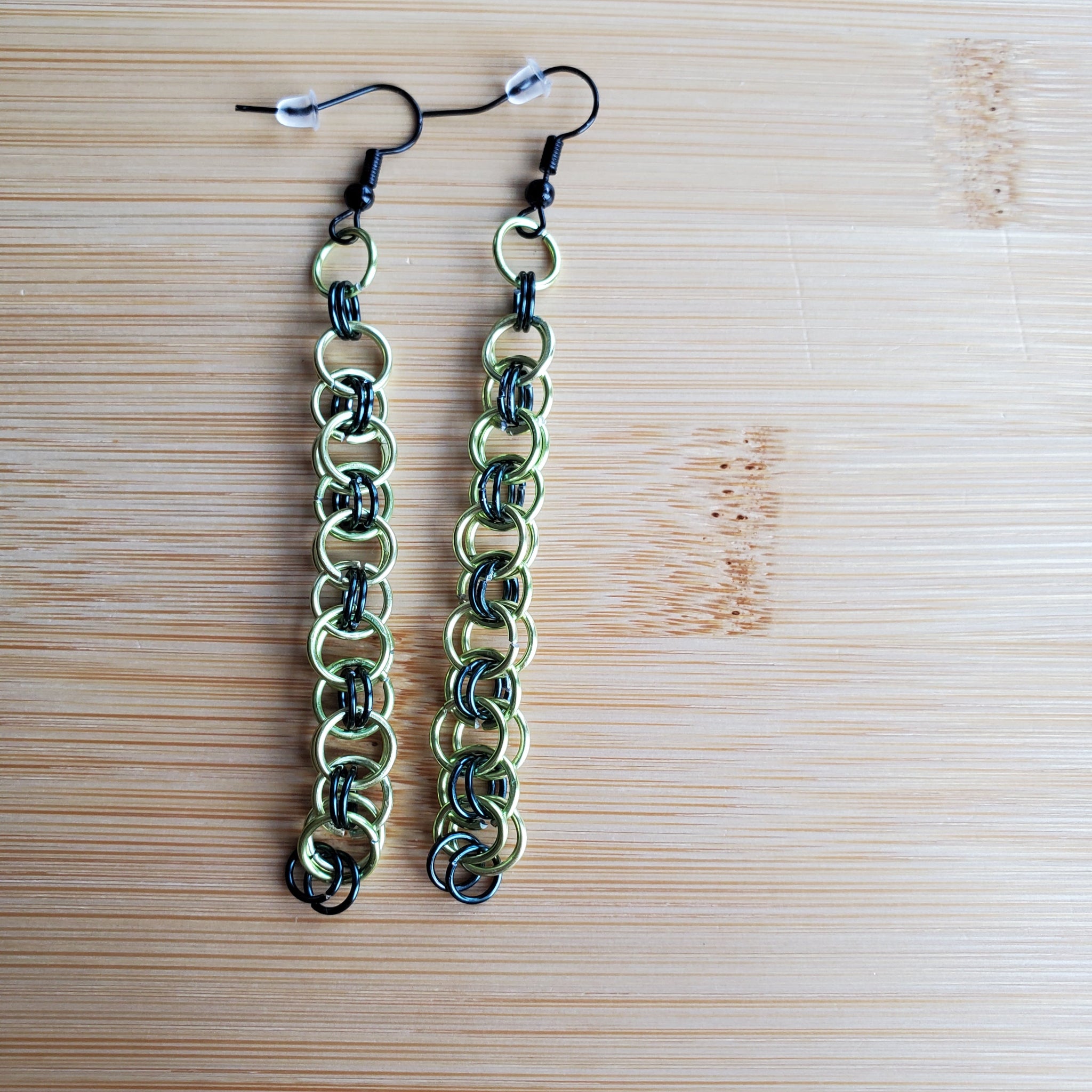 Electric Lime & Black Helm Chainmaille Earrings | Mamabug ReCreations - Artisan Jewelry