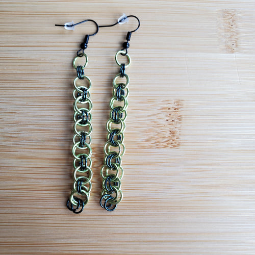 Electric Lime & Black Helm Chainmaille Earrings | Mamabug ReCreations - Artisan Jewelry