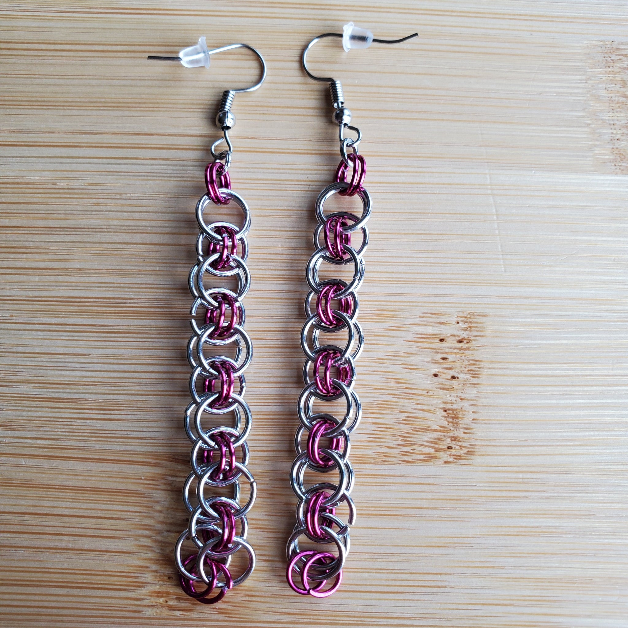 Fuchsia & Silver Helm Chainmaille Earrings | Mamabug ReCreations - Artisan Jewelry