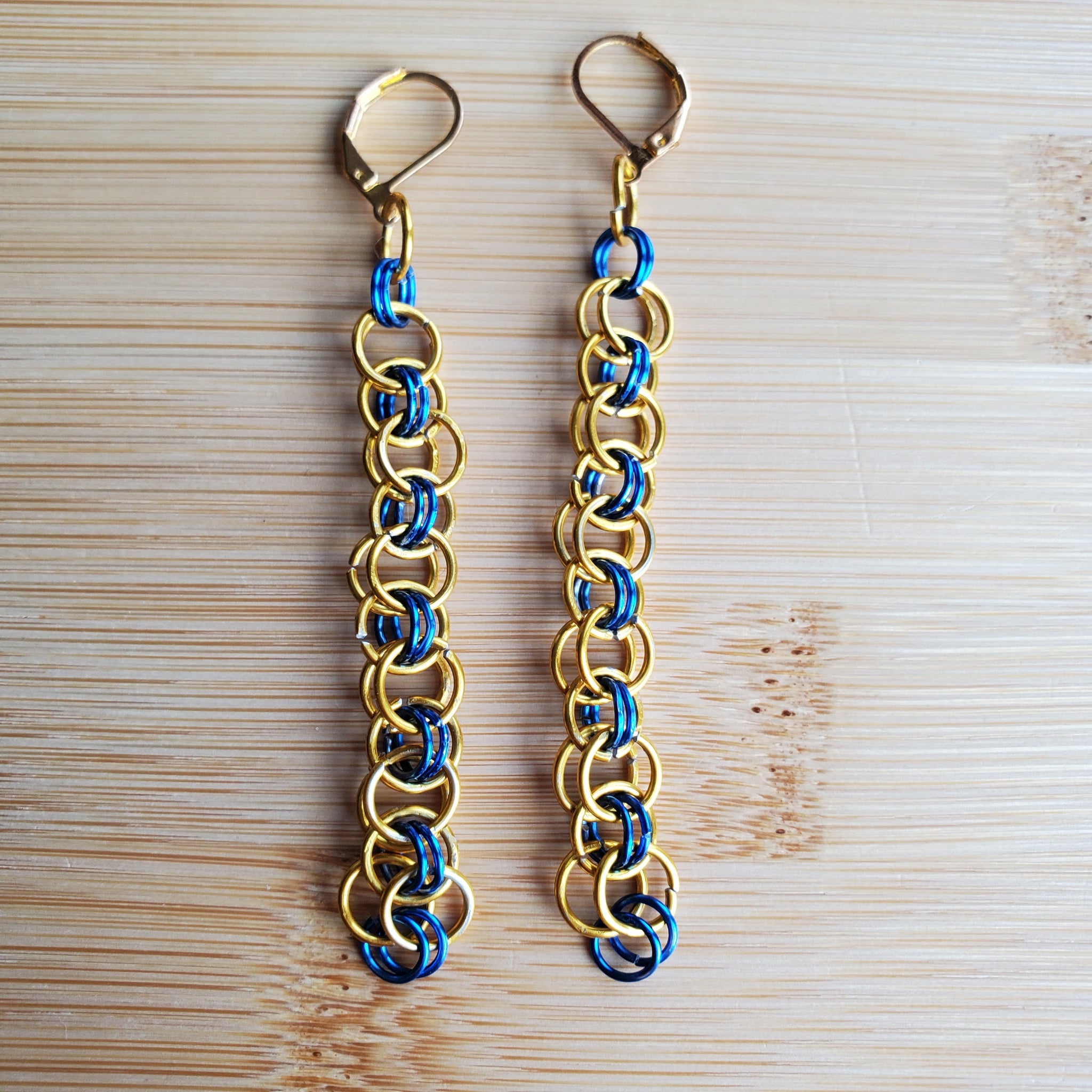 Gold & Blue Helm Chainmaille Earrings | Mamabug ReCreations - Artisan Jewelry