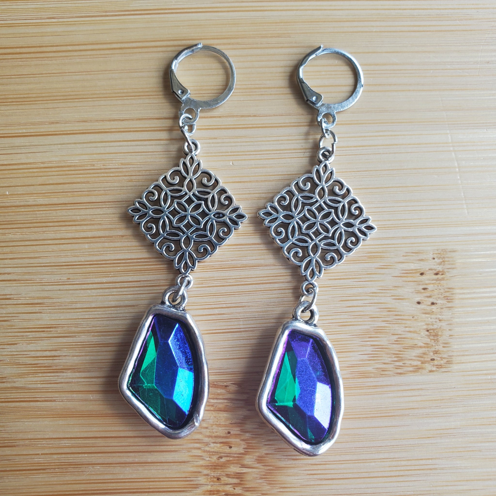 Silver Filigree & Blue Ice Crystal Dangle Earrings | Mamabug ReCreations - Artisan Jewelry
