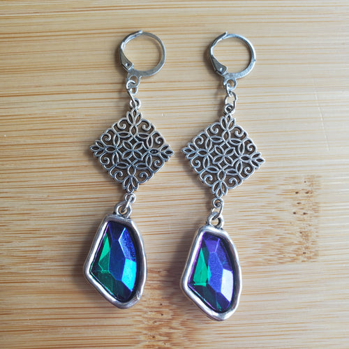 Silver Filigree & Blue Ice Crystal Dangle Earrings | Mamabug ReCreations - Artisan Jewelry